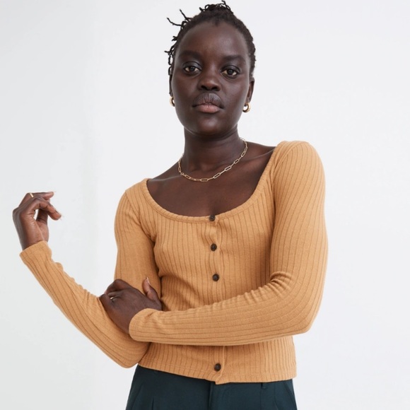 MADEWELL Ribbed Cardigan Crop Baby Longsleeve Toffee Tee - Picture 1 of 9
